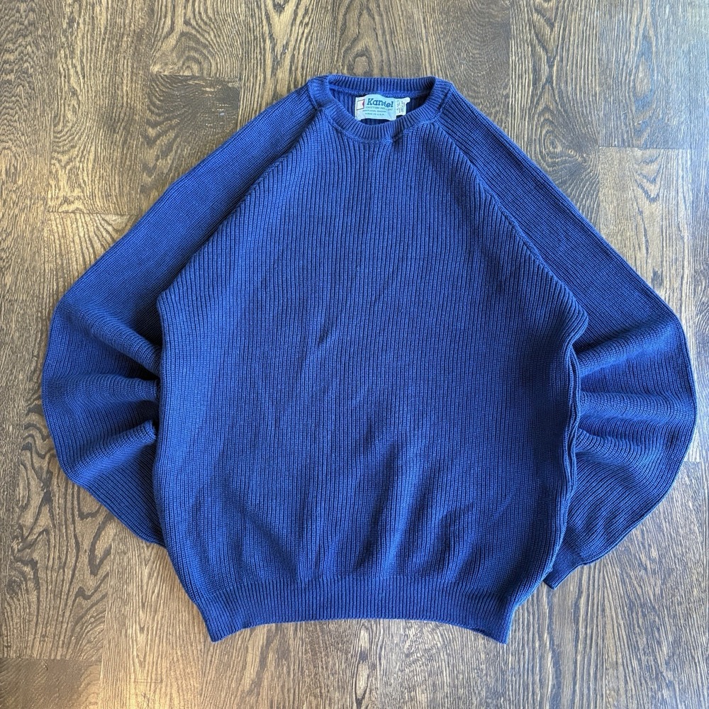 VTG 80s Kandel Cotton Ribbed Knit Sweater Mens XL Blue Heavy Fisherman Raglan
